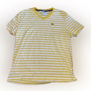 Lacoste Yellow and White Striped Short Sleeve V-Neck Tee